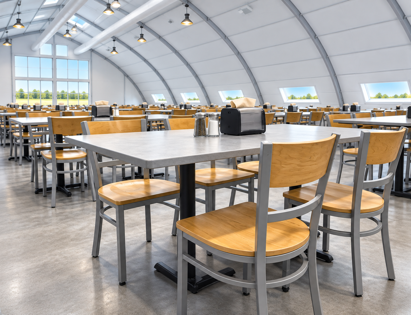 Tables and chairs inside a temporary basecamp dining hall